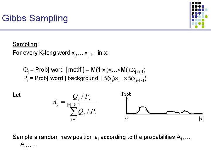 Gibbs Sampling: For every K-long word xj, …, xj+k-1 in x: Qj = Prob[