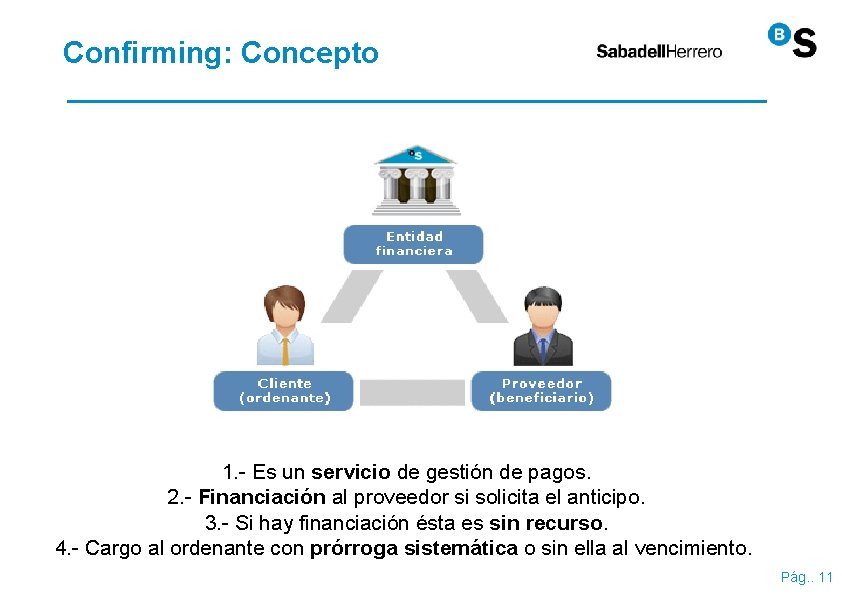 Confirming: Concepto 1. - Es un servicio de gestión de pagos. 2. - Financiación Confirming: Concepto 1. - Es un servicio de gestión de pagos. 2. - Financiación