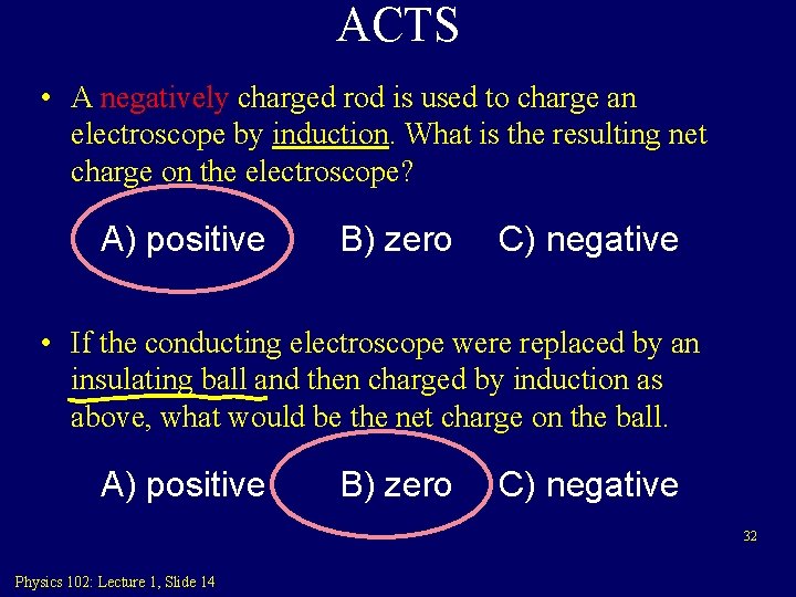 ACTS • A negatively charged rod is used to charge an electroscope by induction.