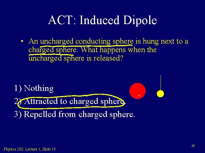 ACT: Induced Dipole • An uncharged conducting sphere is hung next to a charged