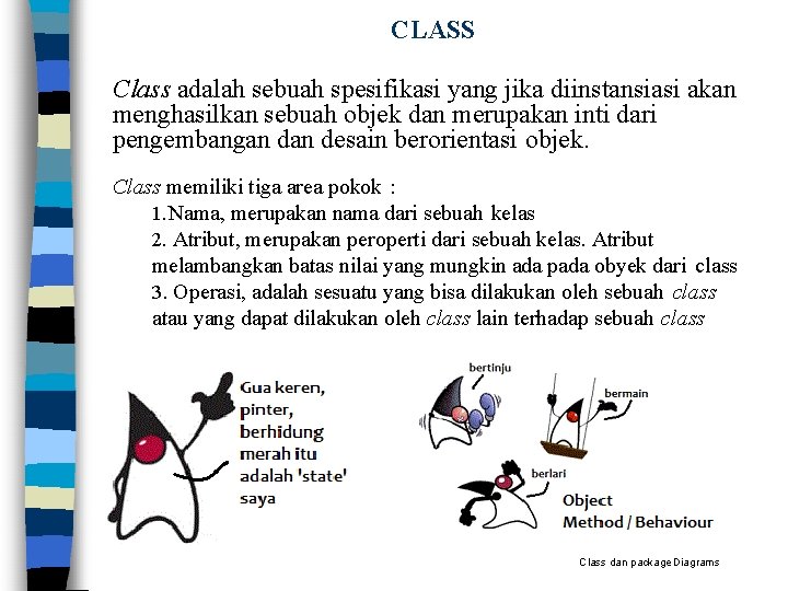 CLASS Class adalah sebuah spesifikasi yang jika diinstansiasi akan menghasilkan sebuah objek dan merupakan