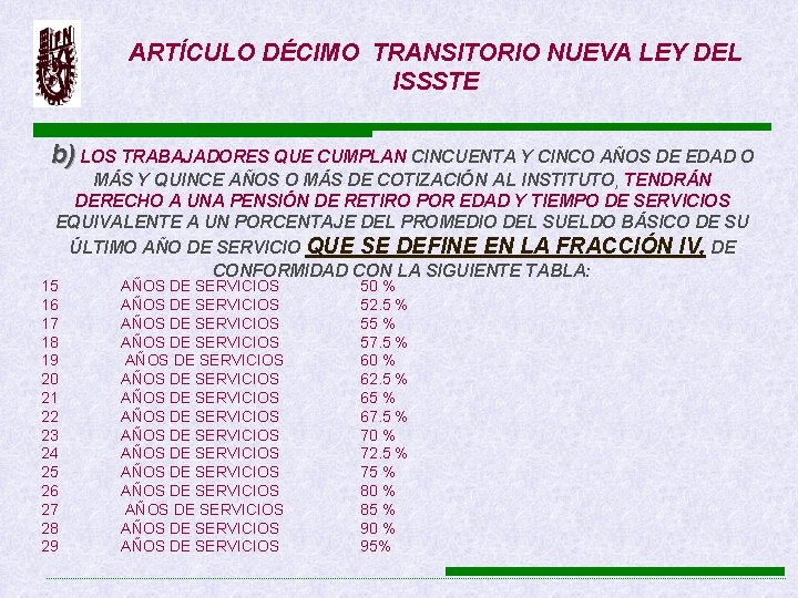 ARTÍCULO DÉCIMO TRANSITORIO NUEVA LEY DEL ISSSTE b) LOS TRABAJADORES QUE CUMPLAN CINCUENTA Y