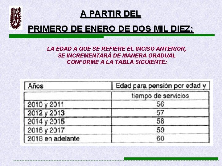 A PARTIR DEL PRIMERO DE ENERO DE DOS MIL DIEZ: LA EDAD A QUE