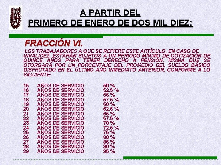 A PARTIR DEL PRIMERO DE ENERO DE DOS MIL DIEZ: FRACCIÓN VI. LOS TRABAJADORES