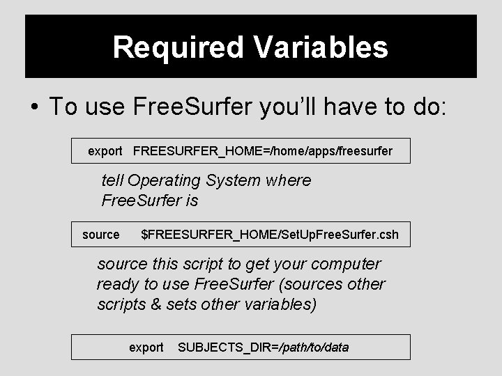 Required Variables • To use Free. Surfer you’ll have to do: export FREESURFER_HOME=/home/apps/freesurfer tell