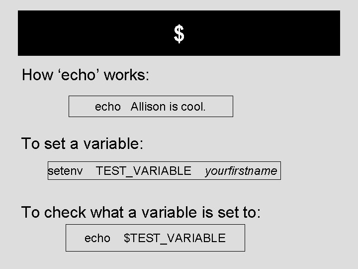 $ How ‘echo’ works: echo Allison is cool. To set a variable: setenv TEST_VARIABLE