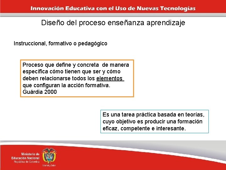 Diseño del proceso enseñanza aprendizaje Instruccional, formativo o pedagógico Proceso que define y concreta
