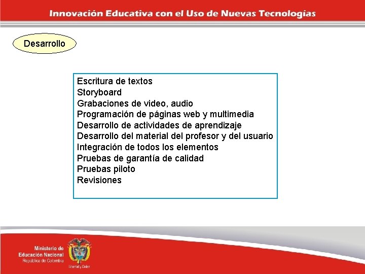 Desarrollo Escritura de textos Storyboard Grabaciones de video, audio Programación de páginas web y