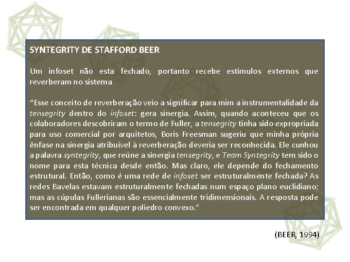 SYNTEGRITY DE STAFFORD BEER Um infoset não esta fechado, portanto recebe estímulos externos que