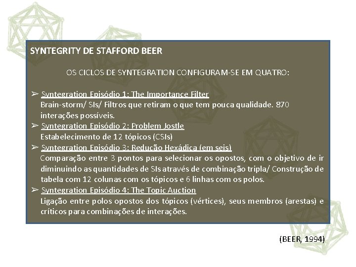 SYNTEGRITY DE STAFFORD BEER OS CICLOS DE SYNTEGRATION CONFIGURAM-SE EM QUATRO: ➢ Syntegration Episódio