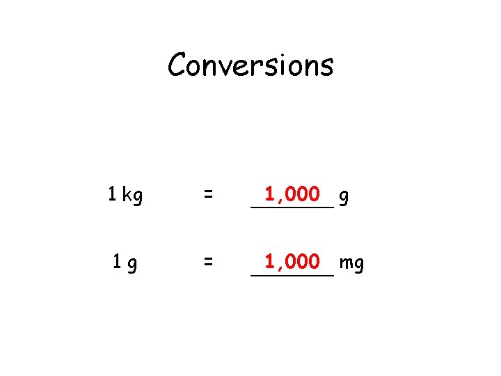 Conversions 1 kg = 1, 000 g 1 g = 1, 000 mg 