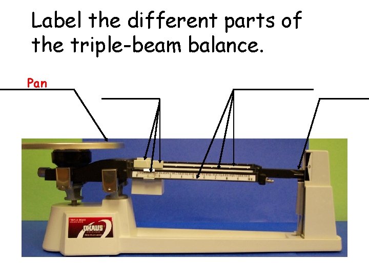 Label the different parts of the triple-beam balance. Pan 