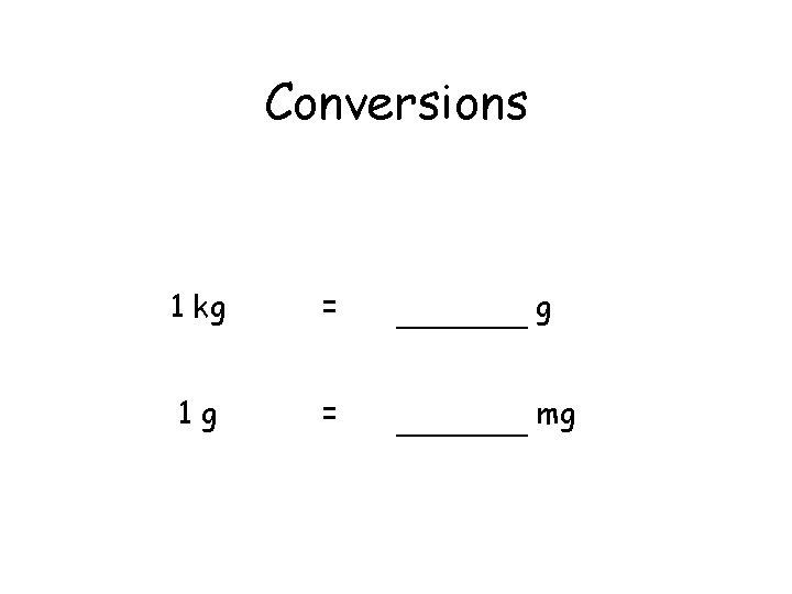 Conversions 1 kg = g 1 g = mg 