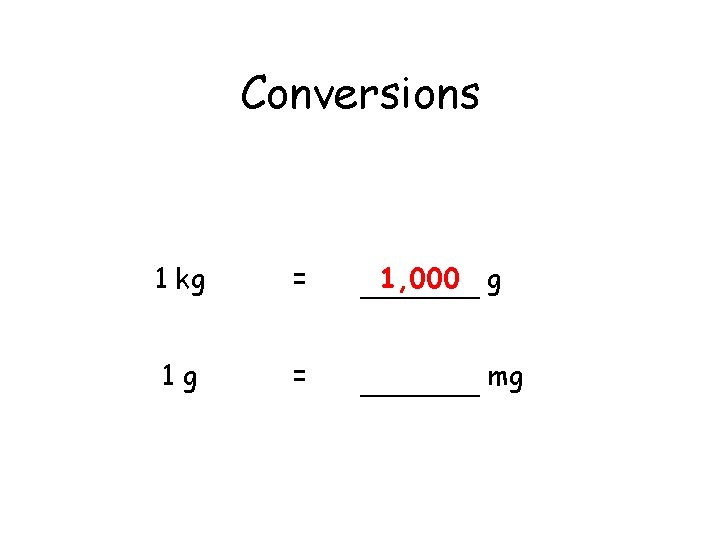 Conversions 1 kg = 1, 000 g mg 