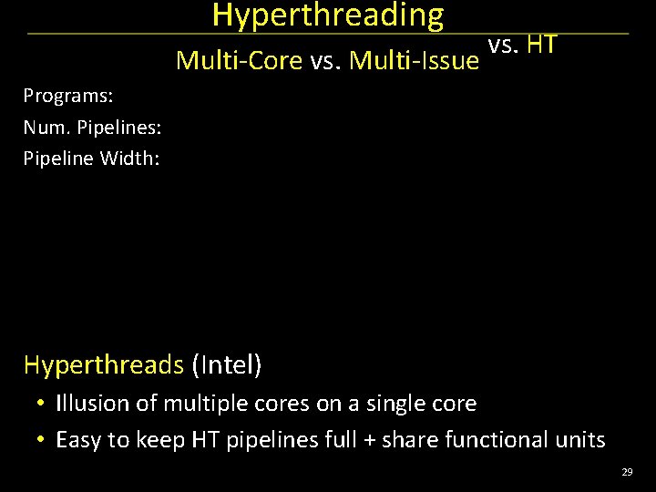 Hyperthreading Multi-Core vs. Multi-Issue vs. HT Programs: Num. Pipelines: Pipeline Width: Hyperthreads (Intel) •