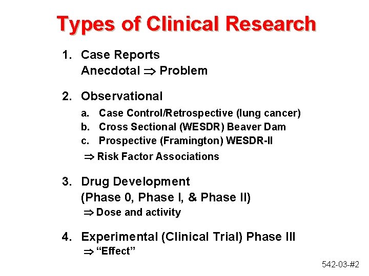 Types of Clinical Research 1. Case Reports Anecdotal Problem 2. Observational a. Case Control/Retrospective