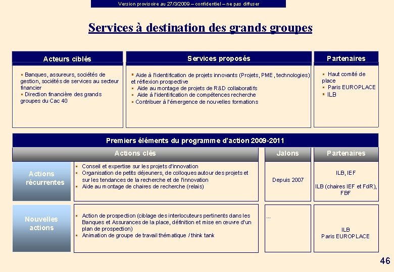 Version provisoire au 27/3/2009 – confidentiel – ne pas diffuser Services à destination des