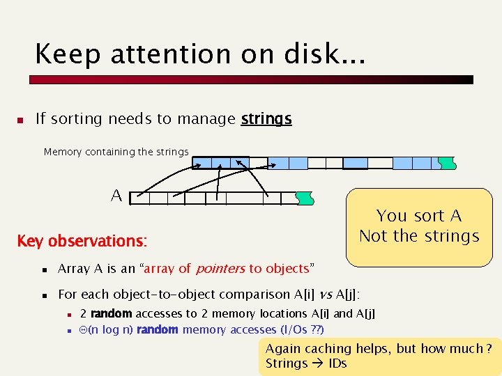 Keep attention on disk. . . n If sorting needs to manage strings Memory