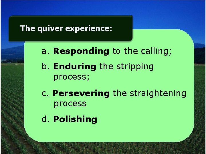 The quiver experience: a. Responding to the calling; b. Enduring the stripping process; c.