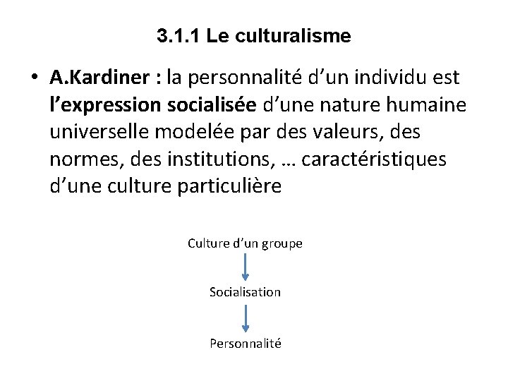 3. 1. 1 Le culturalisme • A. Kardiner : la personnalité d’un individu est 3. 1. 1 Le culturalisme • A. Kardiner : la personnalité d’un individu est
