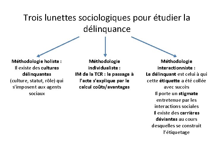 Trois lunettes sociologiques pour étudier la délinquance Méthodologie holiste : Il existe des cultures Trois lunettes sociologiques pour étudier la délinquance Méthodologie holiste : Il existe des cultures