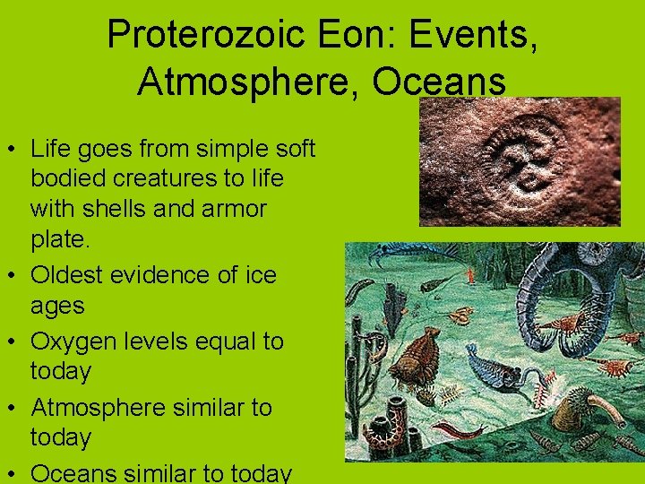 Proterozoic Eon: Events, Atmosphere, Oceans • Life goes from simple soft bodied creatures to