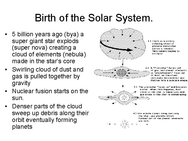 Birth of the Solar System. • 5 billion years ago (bya) a super giant