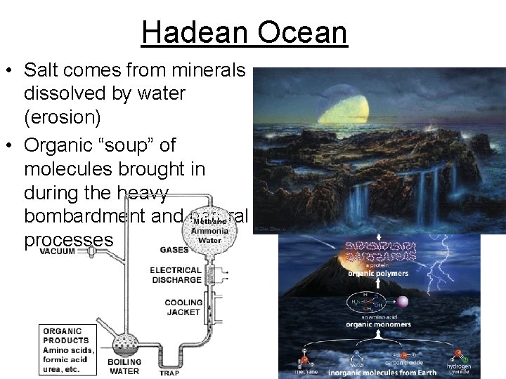 Hadean Ocean • Salt comes from minerals dissolved by water (erosion) • Organic “soup”