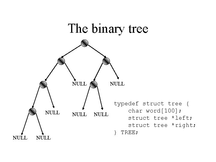 The binary tree NULL NULL typedef struct tree { char word[100]; NULL struct tree
