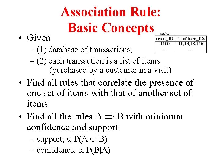  • Given Association Rule: Basic Concepts – (1) database of transactions, – (2)