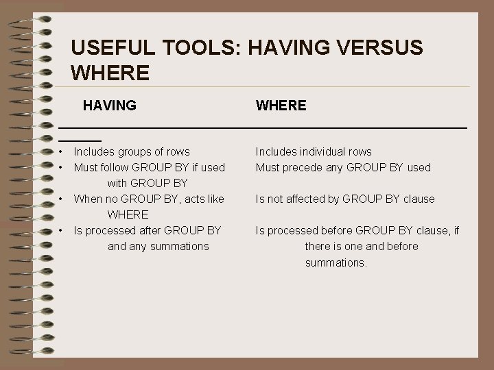 USEFUL TOOLS: HAVING VERSUS WHERE HAVING WHERE __________________________________ • Includes groups of rows Includes