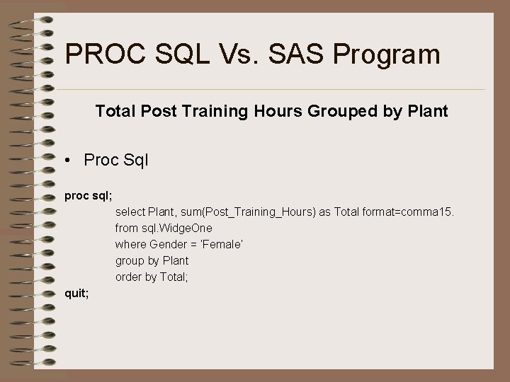 PROC SQL Vs. SAS Program Total Post Training Hours Grouped by Plant • Proc
