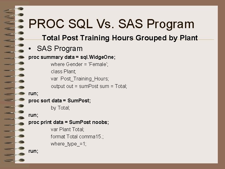 PROC SQL Vs. SAS Program Total Post Training Hours Grouped by Plant • SAS