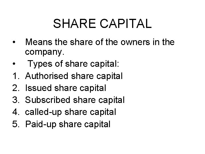 SHARE CAPITAL • • 1. 2. 3. 4. 5. Means the share of the