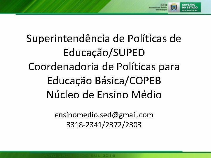 Superintendência de Políticas de Educação/SUPED Coordenadoria de Políticas para Educação Básica/COPEB Núcleo de Ensino