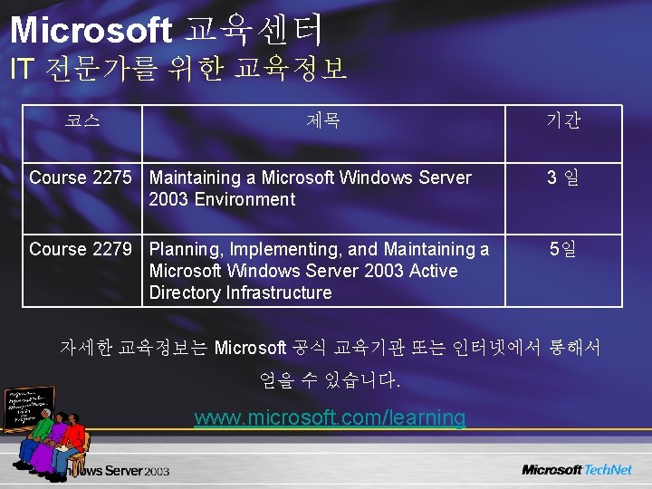 Microsoft 교육센터 IT 전문가를 위한 교육정보 코스 제목 기간 Course 2275 Maintaining a Microsoft