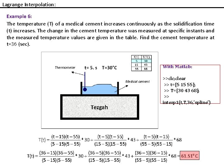 Lagrange Interpolation: Example 6: The temperature (T) of a medical cement increases continuously as Lagrange Interpolation: Example 6: The temperature (T) of a medical cement increases continuously as
