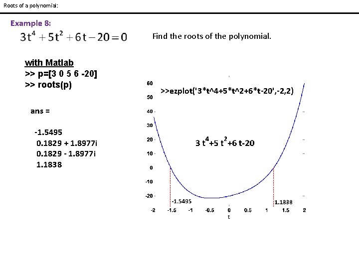 Roots of a polynomial: Example 8: Find the roots of the polynomial. with Matlab Roots of a polynomial: Example 8: Find the roots of the polynomial. with Matlab