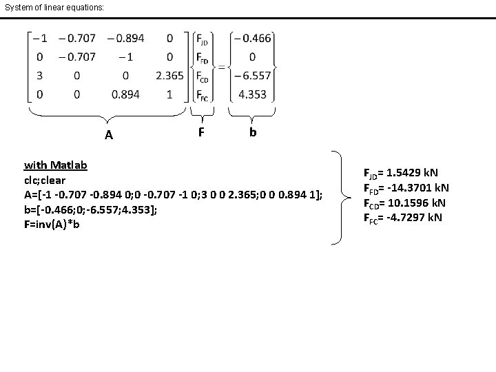 System of linear equations: A F b with Matlab clc; clear A=[-1 -0. 707 System of linear equations: A F b with Matlab clc; clear A=[-1 -0. 707