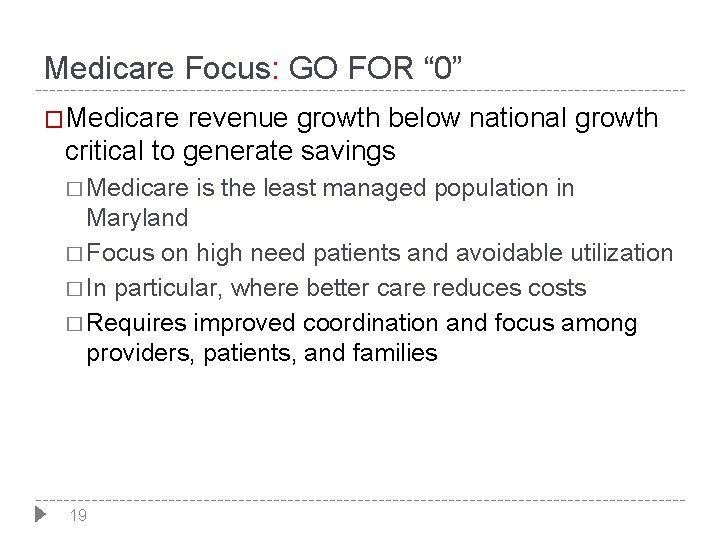 Medicare Focus: GO FOR “ 0” �Medicare revenue growth below national growth critical to