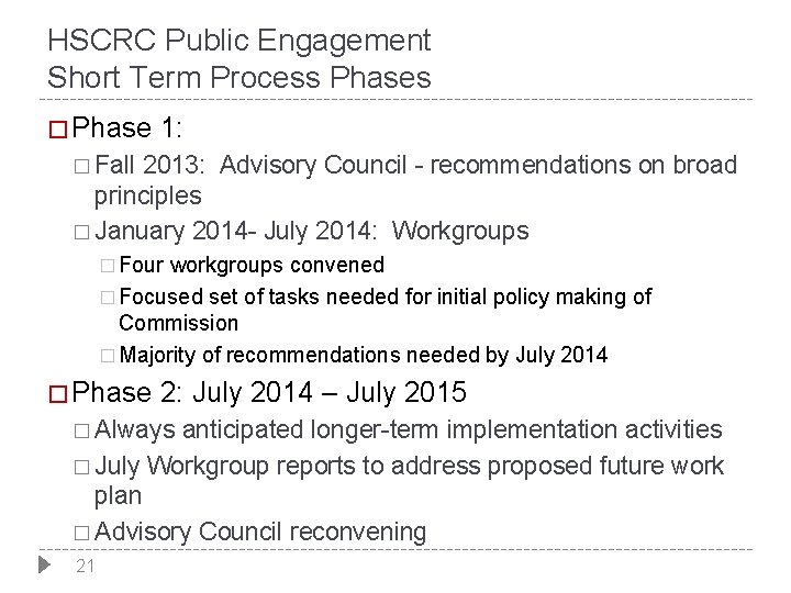 HSCRC Public Engagement Short Term Process Phases � Phase 1: � Fall 2013: Advisory