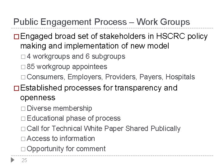 Public Engagement Process – Work Groups � Engaged broad set of stakeholders in HSCRC