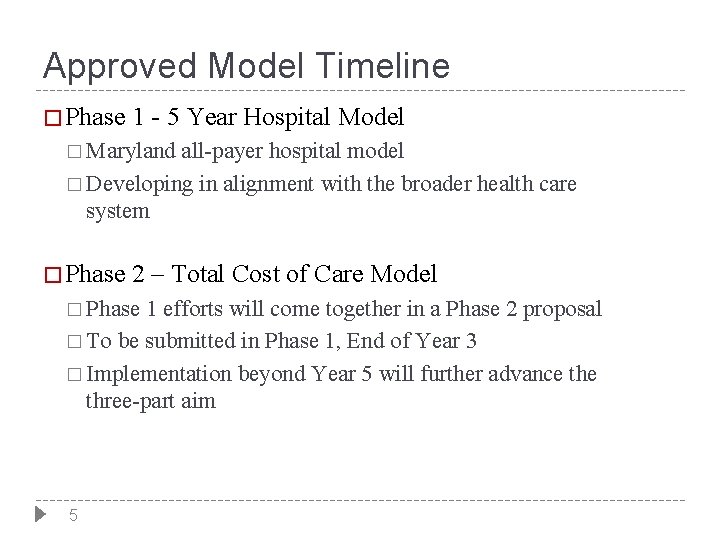 Approved Model Timeline � Phase 1 - 5 Year Hospital Model � Maryland all-payer