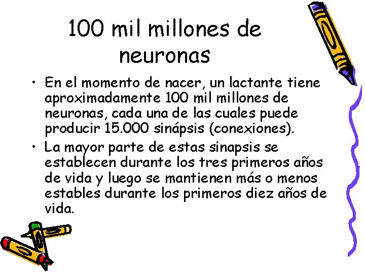 100 millones de neuronas • En el momento de nacer, un lactante tiene aproximadamente