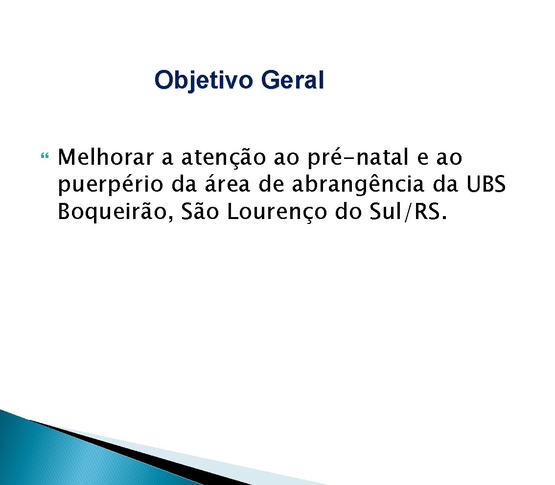 Objetivo Geral Melhorar a atenção ao pré-natal e ao puerpério da área de abrangência Objetivo Geral Melhorar a atenção ao pré-natal e ao puerpério da área de abrangência