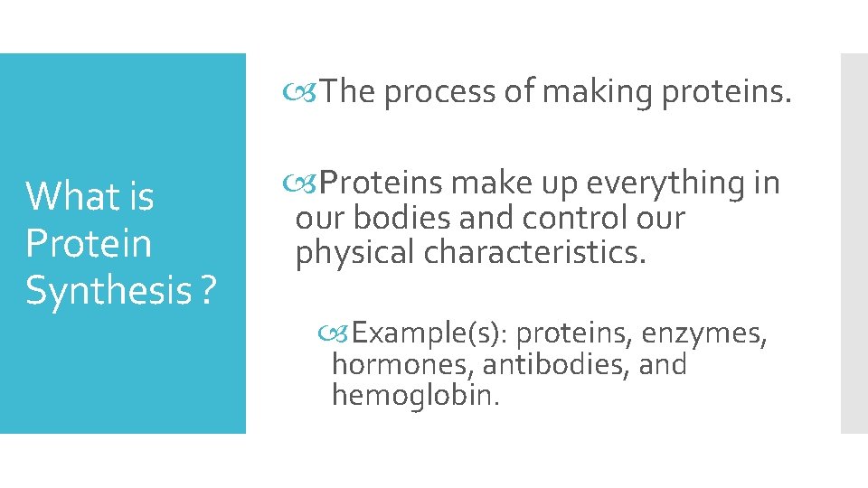 The process of making proteins. What is Protein Synthesis ? Proteins make up