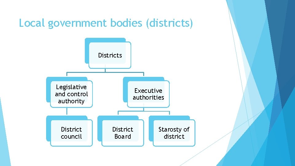 Local government bodies (districts) Districts Legislative and control authority District council Executive authorities District