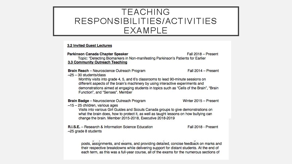 TEACHING RESPONSIBILITIES/ACTIVITIES EXAMPLE 