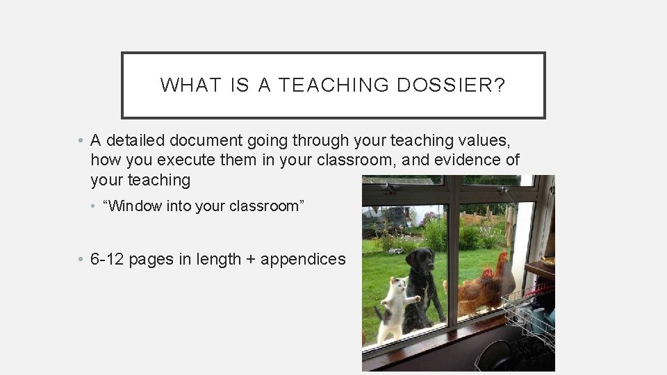 WHAT IS A TEACHING DOSSIER? • A detailed document going through your teaching values,
