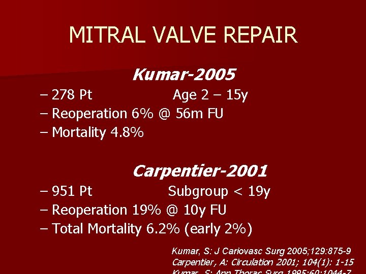 MITRAL VALVE REPAIR Kumar-2005 – 278 Pt Age 2 – 15 y – Reoperation